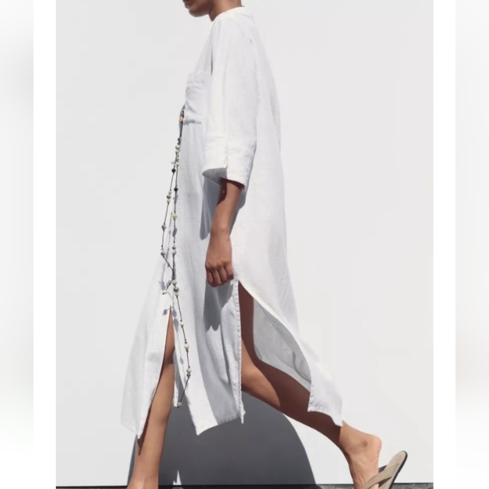 Zara Linen Midi White Button-Down Tunic Shirt Dresss Sz-M - Picture 4 of 10